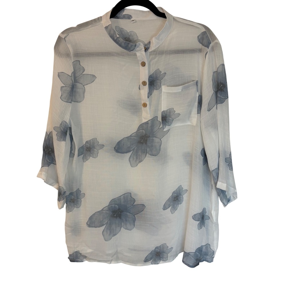 Floral Tunic Blouse White Blue Textured Sheer Fabric 3/4 Sleeve XL casual island